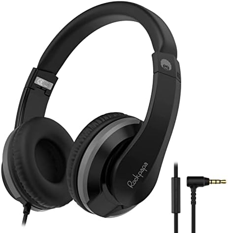 Rockpapa HS20 Kids Wired Headphones – Super Lightweight & Foldable Design with Integrated Microphone, Perfect for School, Travel & Entertainment – Compatible with Tablets & Smartphones, Stylish Black & Orange for Ages 3-15, Ideal for Learning, Play, and Hands-Free Communication