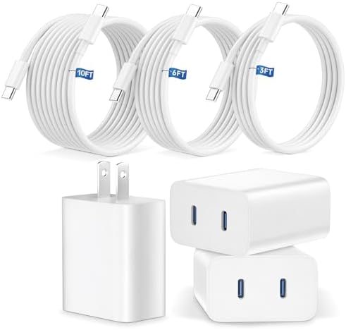 20 W USB-C Fast Charging Wall Charger for i Phone 15/16 & i Pad – Includes 3 Versatile USB-C to C Cables (3 ft, 6 ft, 10 ft) – Ultimate Compatibility with i Phone 15 Pro Max, i Pad Pro, and Samsung Devices – Compact Travel-Friendly Design with Enhanced Safety Features Against Overheating & Overcharging