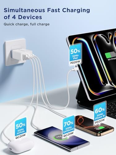 Aioneus 40 W USB C Fast Charging Block – 4-Port Dual PD & QC Wall Charger for i Phone 11-16, i Pad & Samsung Devices – Compact, High-Performance Power Adapter with Enhanced Safety Features for Home & Travel