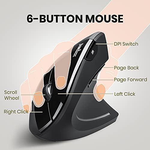 Ergonomic Perixx PERIMICE-713 Wireless Vertical Mouse for Right-Handed Users – 6 Customizable Buttons, Adjustable 3-Level DPI, Sleek Black Design, Unmatched Comfort for Long Hours of Work or Gaming