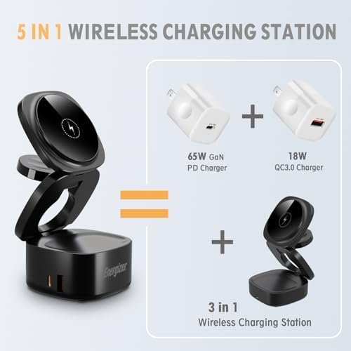 Energizer 5-in-1 Foldable Mag Safe Charging Station with 65 W USB-C Fast Charger – Universal Dock for i Phone 16/15/14/13 Pro Max, Apple Watch, Air Pods, and Mac Book – Streamlined, Portable Power Solution for Tech Enthusiasts