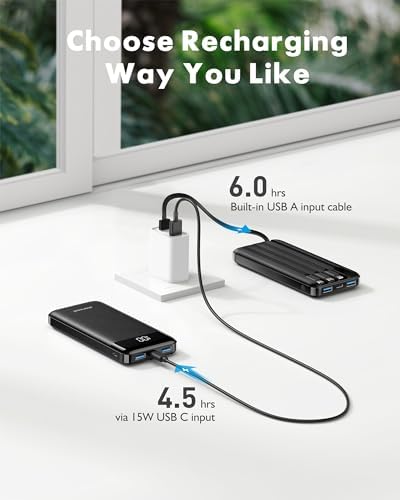 Sleek 10,000 m Ah Multi-Device Portable Charger with Built-In Cables – High-Speed 3 A Power Bank for i Phone, Samsung, Pixel, LG, Moto, i Pad – Ultimate Travel Essential with 6 Outputs for Effortless Charging on the Go