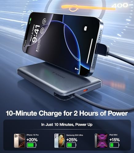 Ultra-Slim TORRAS 10,000 m Ah Power Bank with Built-in USB-C Cable – Lightweight Portable Charger for i Phone 16/15 & Samsung S24 Ultra, 22.5 W Fast Charging, Durable Design for Travel and Outdoor Use – Glacier Grey, Enhanced Safety & Dual Device Charging