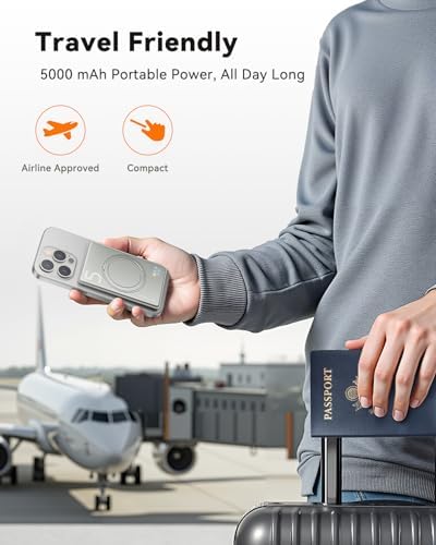 Kuulaa Slim Magnetic Portable Power Bank for i Phone – 5000 m Ah PD 20 W Fast Charging Battery Pack with Rotating Stand for Mag Safe Compatible i Phone 12/13/14/15/16 Series (Titanium Finish) – Ultimate On-the-Go Charging Solution