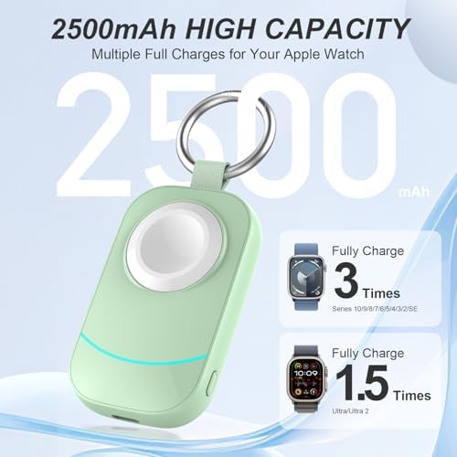 Portable Keychain Charger for Apple Watch – 2500 m Ah Fast Wireless Power Bank for Series 10, 9, SE & Ultra 2 – Essential Travel Companion for Effortless Charging Anytime, Anywhere – Lightweight, Durable, and User-Friendly Design for Active Lifestyles – Versatile Smartwatch Charging Solution