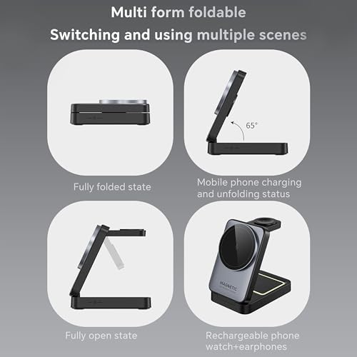 Compact 3-in-1 Foldable Wireless Charger for i Phone, Apple Watch & Air Pods Pro – 15 W Mag Safe Travel Charging Station in Sleek Black – Ultimate Portability & Intelligent Device Protection for i Phone 16-12 Compatibility