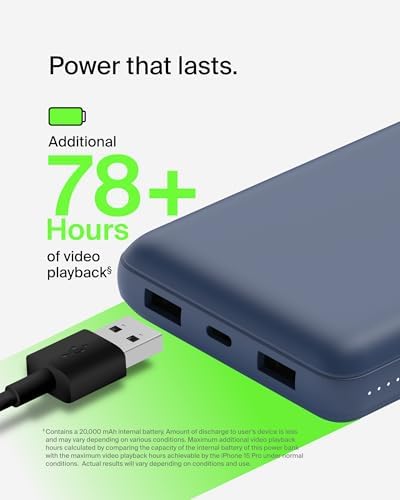 Belkin 20000 m Ah USB-C Power Bank – Dual USB-A Ports, Fast 15 W Charging for i Phone 16/15 Plus, Samsung Galaxy S25, Pixel, i Pad, Nintendo Switch 2 – Travel-Friendly Design in Pearl Blue for Enhanced Device Compatibility and On-the-Go Power
