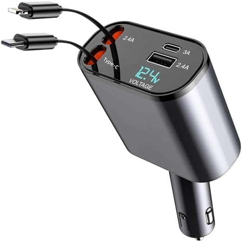 Ultimate Retractable Car Phone Charger – Type C Fast Charging with 120 W Power Output, Dual USB Ports for i Phone 16/15/14/13/12/11 and Galaxy S23/S22/S10 – Tidy, Compact Design for On-the-Go Charging and Easy Storage