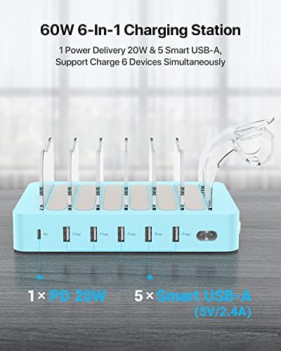 Soo Pii 60 W 6-Port USB-C Charging Station with 20 W Fast Charge – Multi-Device Power Hub for i Phone 14/13/12, Includes 6 Short Cables & 2-in-1 Holder for Organized Charging – Perfect for Home, Office & Travel