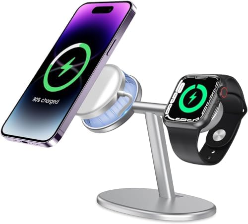 EWA 2-in-1 MagSafe Charging Stand for iPhone 16/15/14/13/12 & Apple Watch Series, SE, Ultral Ergonomic Viewing Angle, Non-Slip Base, Universal Compatibility (Chargers Not Included) – Black – Enhanced Compatibility and Speed