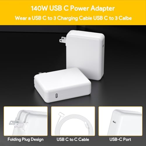 Ultra-Fast 140 W Mac Book Pro Charger with 6.6 FT USB-C to T-Tip Magnetic Braided Cable – Optimal Compatibility for 2021-2024 Models Including Mac Book Pro (14 & 16 Inch) and Mac Book Air (13 & 15 Inch) – Lightning Speed Charging in Just 1.26 Hours – LED Indicator for Charging Status – Durable Design for Everyday Use – Perfect for On-the-Go Power Needs