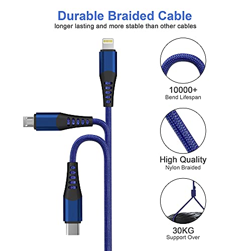 Ultimate 3 in 1 USB Long Charger Cable – 3 M/10 FT Braided Fast Charging Cord with Universal USB C, Micro USB & Lightning Connectors – 6 A Power Delivery for Rapid Device Charging – Durable & Tangle-Free Multi-Device Charging Solution