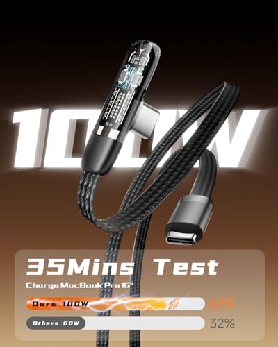 Smolink Right Angle USB C Cable, C to C Cable Fast Charging 100W 2-Pack 6FT, Flat Nylon Braided Type C Port 90 Degree USB C Cable for iPhone 16/15 Series MacBook Galaxy S24/S23/S22, iPad Pro, Black – Enhanced Compatibility and Speed