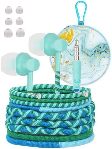 Vividly Handcrafted Kids Earbuds with Microphone – Playful Bracelet-Inspired Aesthetics for School and Leisure, Tailored Small Ear Tips for Ultimate Comfort, Ultra-Lightweight with Backpack Attachment – Resilient Audio Solution for Young Audiophiles (Green-Blue Woven)