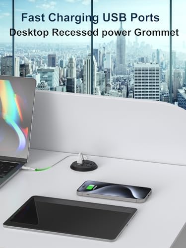 Recessed Desktop Power Grommet with PD 20 W Fast Charging USB-C and QC3.0 USB-A Ports – ETL Certified 2-Inch Outlet for Office, Home, Nightstand, and Kitchen with 6 ft Extension Cord (Black) – Streamlined Charging Solution to Minimize Clutter and Maximize Efficiency