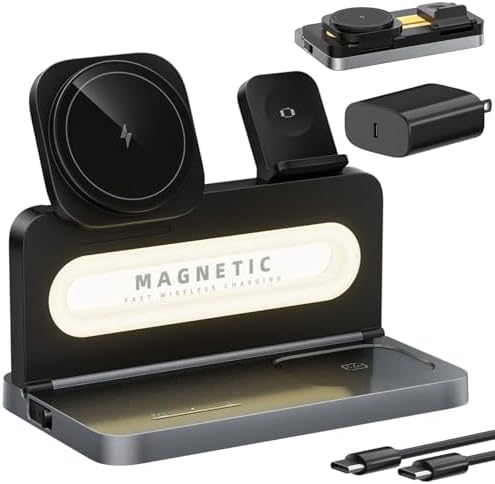 Revolutionize Your Charging Experience with the 3 in 1 Foldable Wireless Charging Station for Apple Devices – Mag Safe-Compatible Dock for i Phone 12-16, Apple Watch, and Air Pods with Built-in Night Light for Effortless Convenience and Speed