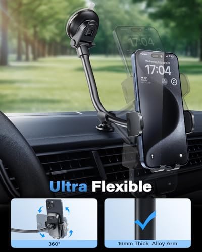 Ultimate 14-Inch Gooseneck Car Phone Mount Holder with Industrial-Strength Suction for Windshield Stability – Hands-Free Universal Cell Phone Holder Compatible with i Phones and Androids for Safe Navigation and Entertainment
