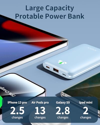 Ultra Slim ANOUV 10,000 m Ah Portable Charger – Fast Charging Power Bank with PD 22.5 W & QC 3.0 for i Phone and Android Devices – Lightweight External Battery for On-the-Go Charging Needs
