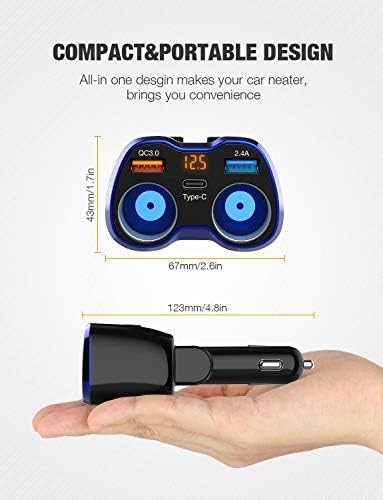 150 W Dual Socket Car Charger Splitter with Quick Charge 3.0 – USB-C Adapter, LED Voltmeter & Replaceable 15 A Fuse for Effortless Device Charging on Road Trips and Daily Travels – Essential Power Hub for GPS, Dash Cams, and Mobile Devices