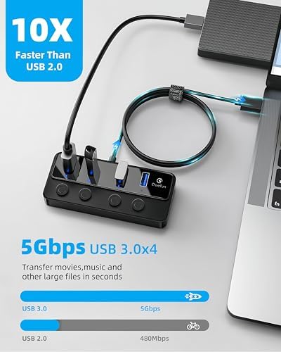 Revolutionize Your Connectivity with the Qeefun 4-Port USB 3.0 Hub – High-Speed 5 Gbps Data Transfer, Individual LED Power Switches, and 2 ft Extension Cable for Ultimate Flexibility – Perfect USB Splitter for Laptops, PCs, i Macs, and More! Enhance Your Workspace Efficiency and Control Multiple Devices Effortlessly!