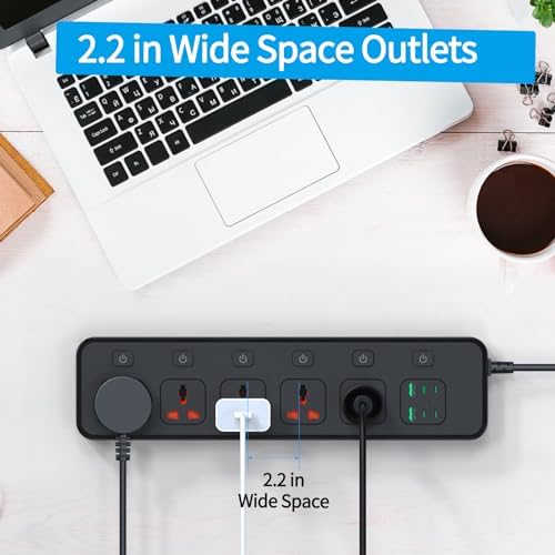 Jumpso European Travel Plug Adapter with Individual Switch – 6 ft Universal Power Strip with 5 AC Outlets and 6 USB Ports (4 USB-C) – Maximum 3000 W Surge Protector for Safe and Efficient Charging in Office and Travel Environments – Compact, Versatile, and Energy-Saving Solution for All Your Devices