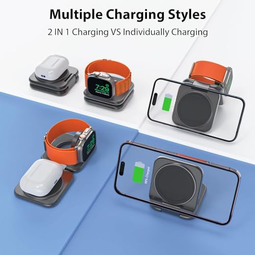 Compact 2-in-1 Foldable Wireless Charger Stand for Apple Devices – KUXIU Aluminum Magnetic Charging Station with 5 W Fast Charging for i Phone 15/14/13/12 Pro/Max, Apple Watch 9/8/7/Ultra2, and Air Pods Pro – Ultimate Portability and Enhanced Compatibility for Travelers