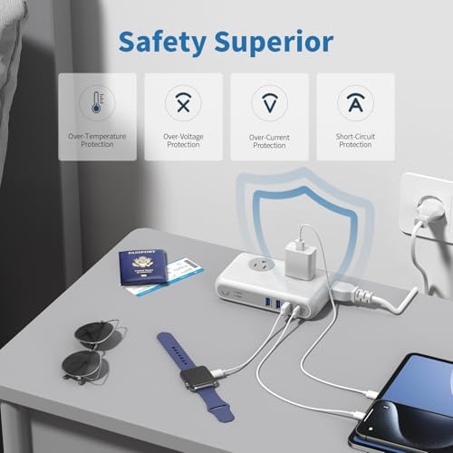 Universal Travel Voltage Converter & 4-Port USB-C Adapter – 220 V to 110 V Step-Down Power Solution for Global Use – 230 W Capacity with Interchangeable Plugs for EU, UK, AU, US & India – Essential for International Travelers and Expatriates