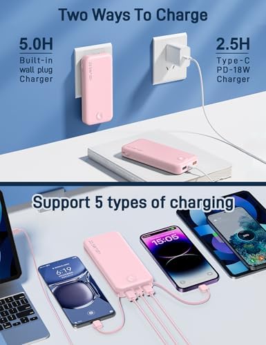 Ultra-Fast Charging Portable Power Bank with Built-In Cable and AC Plug – 12,000 m Ah USB C Travel Charger for i Phone and Android Devices – Lightweight, Compact Design for On-the-Go Power Solutions