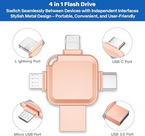 Revolutionize Your Data Storage with the LANSLSY 128 GB 4-in-1 Flash Drive – Effortless Compatibility for i Phone, i Pad, Android, PC, and Mac – No App Required for Instant Access! Enjoy Enhanced Transfer Speeds and 4 Versatile Ports: Lightning, USB Type-A, USB Type-C, and Micro USB. Perfect for Storing Photos, Videos, and Documents with Ease – Ideal for Students, Professionals, and Photographers on the Go! Compact and Stylish Pink Design Makes It a Must-Have Accessory for Your Tech Gear. Say Goodbye to Data Management Hassles and Keep Your Files Securely Accessible Anytime, Anywhere!