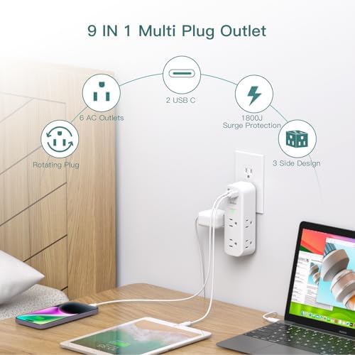Ultimate Surge Protector and Outlet Extender with 6 AC Ports and 3 USB Charging Options (1 USB-C) – Smart Rotating Power Strip for Home, Office, and Travel – 1800 Joules Surge Defense, ETL Certified for Enhanced Device Protection and Efficiency
