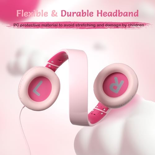Comfortable Pink Headphones for Kids with Microphone – Safe Listening Technology at 85/94 d B, Foldable & Portable for School and Travel, Includes Stylish Carrying Case – Ideal for Young Girls Who Love Music and Learning