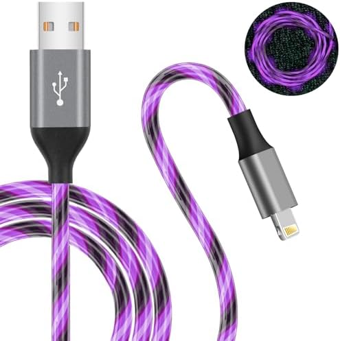 Illuminate Your Charging Experience: MFi Certified 6 ft LED Light Up Lightning Cable for i Phone 14/13/12/11/11 Pro/Max/XS/XR/X/6/7/8 – Fast Charging & High-Speed Data Sync in Vibrant Purple – Optimal Durability & Enhanced Compatibility for Effortless Connectivity