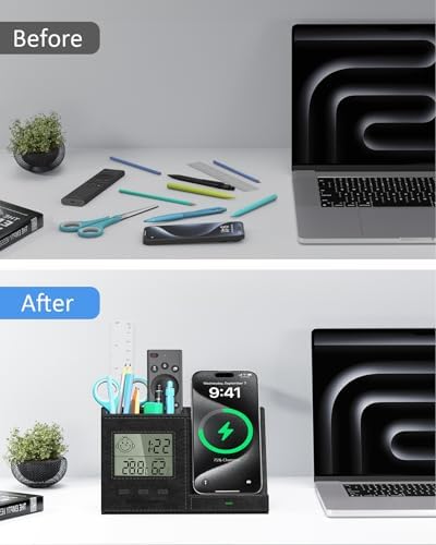 Multi-Functional Desk Organizer with Wireless Charging, Digital Thermometer & Humidity Monitor – Stylish Brown Pen Holder for Home Office Efficiency and Clutter-Free Workspace
