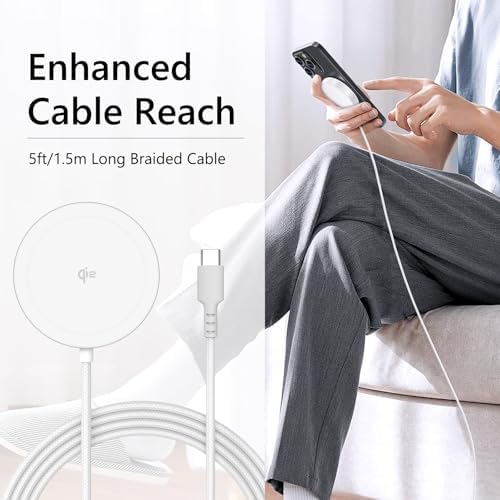 Revolutionary Mag Safe Wireless Charger – Qi2 Certified 15 W Fast Charging Pad with 1.5 m Braided Cable for i Phone 16/15/14 & Air Pods – Effortless Magnetic Alignment & PD Charger for Enhanced Convenience – Sleek White Design for Modern Aesthetics