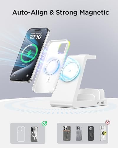 5-in-1 Wireless Charging Station for Apple Devices – Sleek Mag-Safe Dock for i Phone 16, 15, 14, 13, 12 Pro Max, Apple Watch, and Air Pods – Fast 15 W Charging, Magnetic Alignment, Compact White Design – Ultimate Multi-Device Charger with Overcharge Protection and Temperature Control