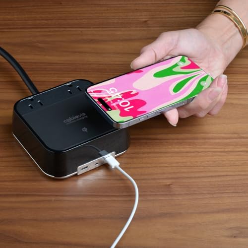 Cubie Via Wireless Charging Station – Multifunctional Tabletop Power Strip with Fast Charge Outlets and USB Ports for Home and Office – Secure Surge Protection and Sleek Design for Modern Convenience