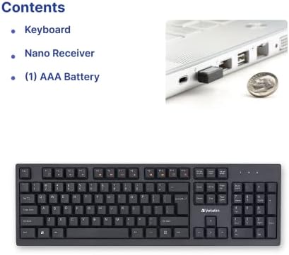 Elevate Your Typing Experience with the Verbatim Slimline Wireless Keyboard – 2.4 GHz Plug-and-Play Full-Size Design with Adjustable Tilt Legs and Numeric Keypad for Ultimate Comfort and Productivity – Perfectly Compatible with PC and Laptop in Sleek Black Finish – Eco-Friendly Frustration-Free Packaging