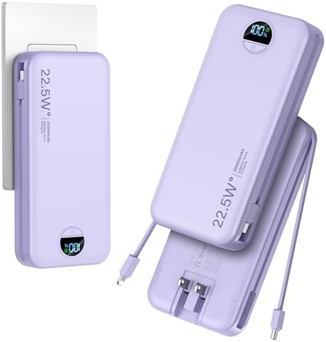 Ultra-Portable 20000 m Ah Power Bank with Built-In Cables & AC Plug | PD 20 W Fast Charging for i Phone, Samsung, Android | LED Display Travel Charger – Charge Multiple Devices Seamlessly and Stay Powered On-the-Go