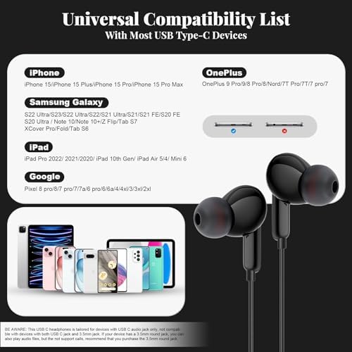 High-Fidelity USB C Earbuds – Lightweight Wired Type C Headphones with Built-In Microphone for Samsung S25/S24 Ultra and i Phone 15/16 Pro Max – Enhanced Audio Experience with In-Line Volume Control – Compatible with Samsung S23/S22/S21, A54 for Unmatched Sound Quality and Comfort