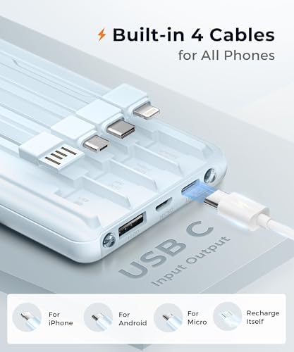 Ultra-Fast Portable Charger with Built-In Cables & LED Display – 10000 m Ah Power Bank for Multiple Devices, 22.5 W Super Speed Charging, Slim Design for Travel & Emergency Use – Compatible with i Phone 16/15/14/13/12, Samsung Galaxy, Google Pixel & More (Purple) – Ultimate Convenience & Safety Features