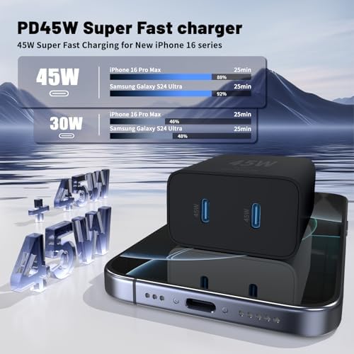 Ultimate Fast Charging Solution for i Phone 16/15 Pro Max – 45 W Dual Port USB-C Charger Block (2-Pack) with Extra Long 60 W Cables – PD Quick Adapter 3.0 for Enhanced Device Compatibility and Speed – Perfect for Home or On-the-Go Charging