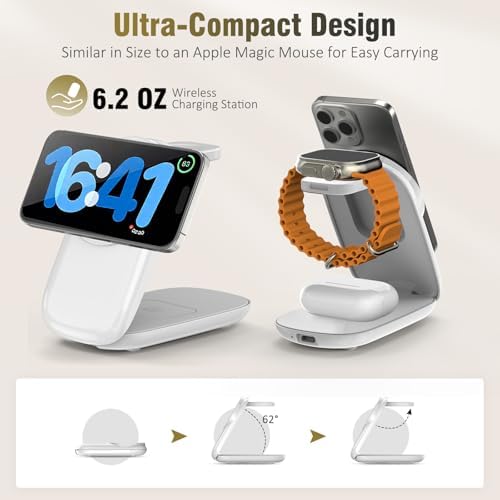 Ultimate 3-in-1 Foldable Wireless Charging Station for Apple Devices – Fast Max Charging for i Phone 16/15/14/13/12 Pro Max, Apple Watch Series 10-3 & Air Pods Pro/4/3 – Compact Travel Design with Smart Protection Features for Effortless Device Management – Silent Operation for Undisturbed Environments – Includes 20 W PD Adapter & USB-C Cable – Perfect for Home or Office Use