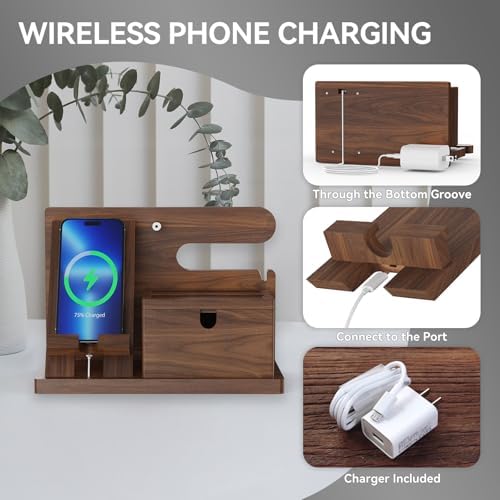 Walnut Wood Phone Docking Station with Wireless Charging, Nightstand Organizer for Men & Women, Compatible with iPhone/Samsung/Apple Watch/AirPods, Gifts for Dad, Husband, Anniversary, Birthday – Enhanced Compatibility and Speed