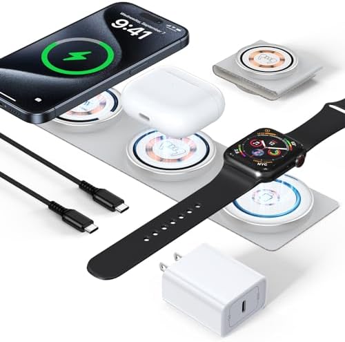 Ultimate 3-in-1 Foldable Magnetic Wireless Charger for Apple Devices – Travel-Ready Fast Charging Station for i Phone 16 Pro, Air Pods & Apple Watch Series 10, 9, Ultra, 8 – Enhanced Compatibility for All Models from i Phone 8 to 16 Pro Max Plus, Streamlined Efficiency and Portability for On-the-Go Charging