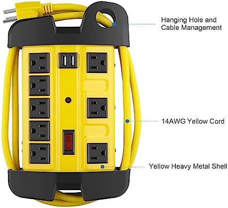 Industrial Heavy Duty Power Strip with 8 Outlets & USB Ports – 2700 Joules Surge Protector for Workshop & Garage – 15 Amp Metal Power Strip with 6 FT Extension Cord for Enhanced Device Compatibility & Fast Charging