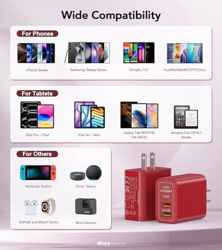 40 W USB C 4-Port Wall Charger 2-Pack – Ultra-Fast Charging Adapter for i Phone 16, i Pad Pro, Nintendo Switch & More – High-Speed PD & QC Technology for Multiple Devices – Compact & Stylish Red Design – Perfect for Travel and Daily Use