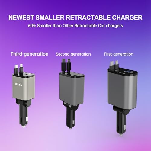 Premium Flexino Compact Retractable Car Charger for i Phone 16 – 69 W Fast Charging with Dual 2.6 ft USB C Cords | Efficient Power Adapter Compatible with i Phone 16/15/14/13/12 Series & Galaxy Devices | Sleek Grey Design for Ultimate Portability and Reduced Cable Clutter