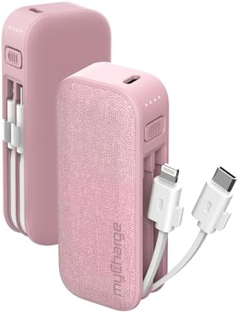 Compact Pink my Charge Power Hub Mini Portable Charger – 3000 m Ah Fast Charging Power Bank with Built-in Lightning & Type C Cables for On-the-Go Charging – Turbo USB C Technology for Enhanced Compatibility and Efficiency