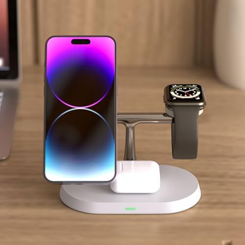 Nord Tech 3-in-1 Magnetic Wireless Charger – Streamlined Fast Charging Dock for i Phone, Air Pods & Apple Watch, 15 W Power Delivery, Minimalist White Design, Ideal Desk & Nightstand Accessory, Effortless Device Alignment, Standby Mode for Notifications, Enhanced Compatibility & Aesthetics
