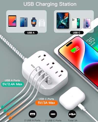 Maximize Your College Dorm Experience with a 15 Ft Power Strip Featuring USB Ports – Flat Extension Cord for Multi-Device Charging, Ideal Desk Accessory for Travel and Cruise Ships, Non-Surge Protector for Enhanced Compatibility and Speed